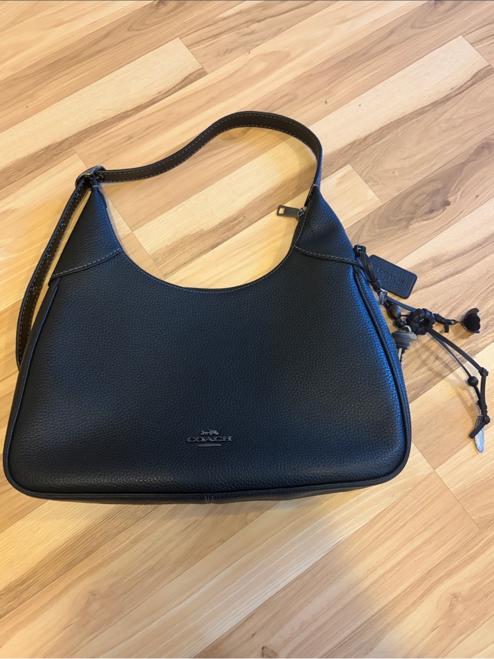 Coach Ella Black Pebbled Leather Shoulder Bag with Tassel Charm